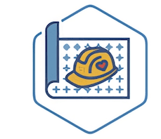 Icon of construction hat on top of blueprint