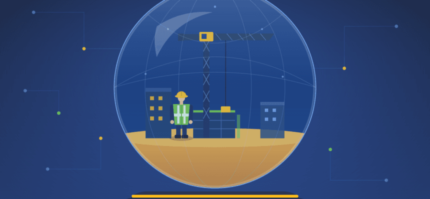 Illustration of a construction jobsite protected inside a secure dome, representing Assignar's ISO 27001 certification.