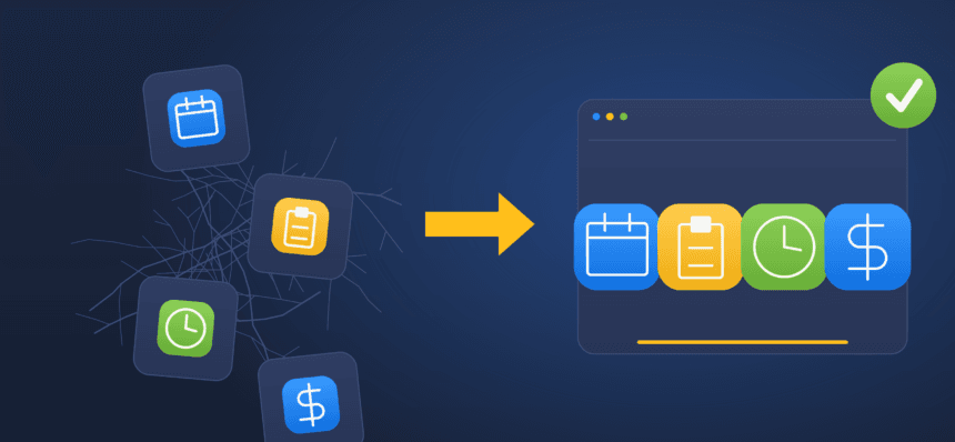 Flat illustration contrasting four scattered, disconnected point-solution tools with one connected construction software platform.