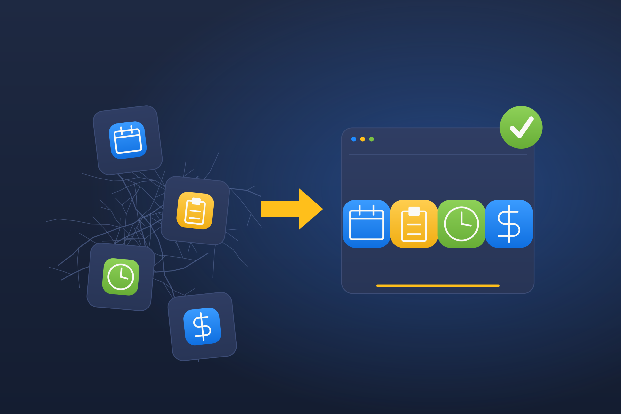Flat illustration contrasting four scattered, disconnected point-solution tools with one connected construction software platform.