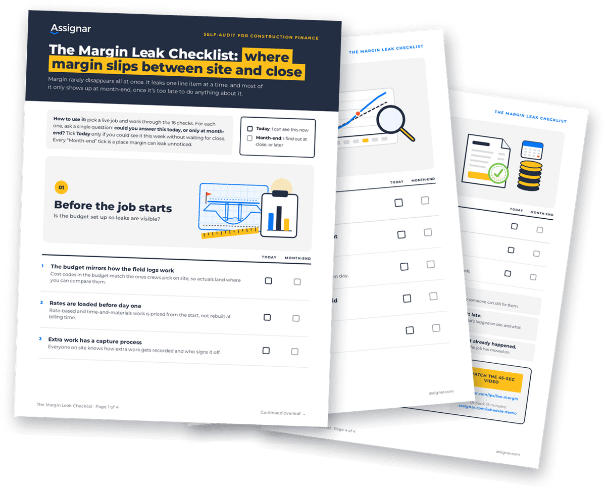 Preview of The Margin Leak Checklist: four printable pages with tick boxes for Today and Month-end